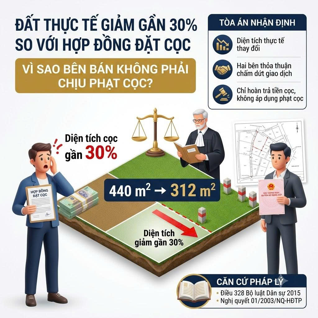 ĐẤT THỰC TẾ GIẢM GẦN 30% SO VỚI HỢP ĐỒNG ĐẶT CỌC, VÌ SAO BÊN BÁN KHÔNG PHẢI CHỊU PHẠT CỌC?