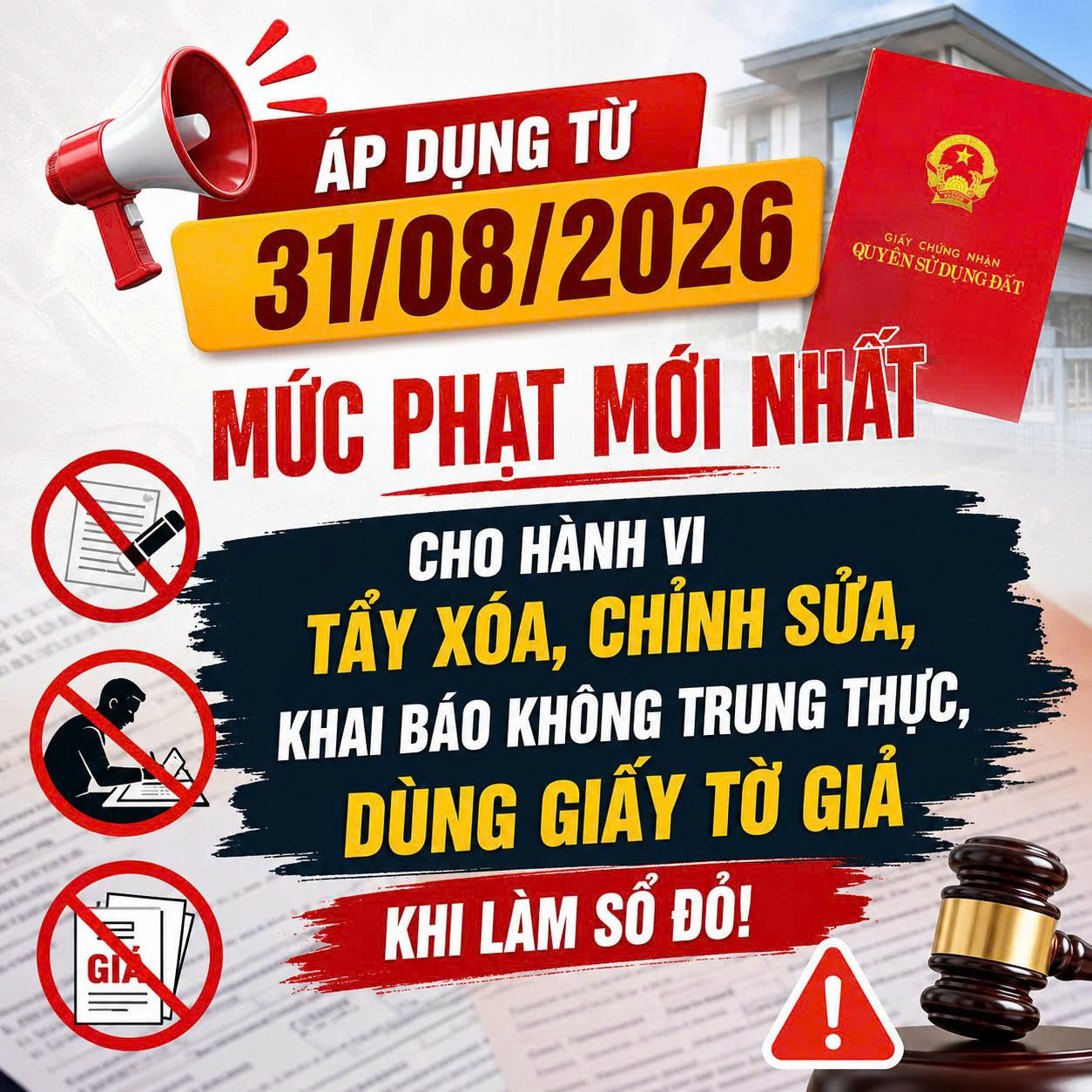 🚨ÁP DỤNG TỪ 31/08/2026: MỨC PHẠT MỚI NHẤT CHO HÀNH VI TẨY XÓA, CHỈNH SỬA, KHAI BÁO KHÔNG TRUNG THỰC, DÙNG GIẤY TỜ GIẢ KHI LÀM SỔ ĐỎ!
